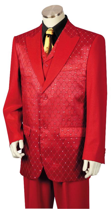 Men's 3 Piece Designer Fashion Trimmed Two Tone Blazer/Suit/Tuxedo Fancy Diamond Pattern Red 214