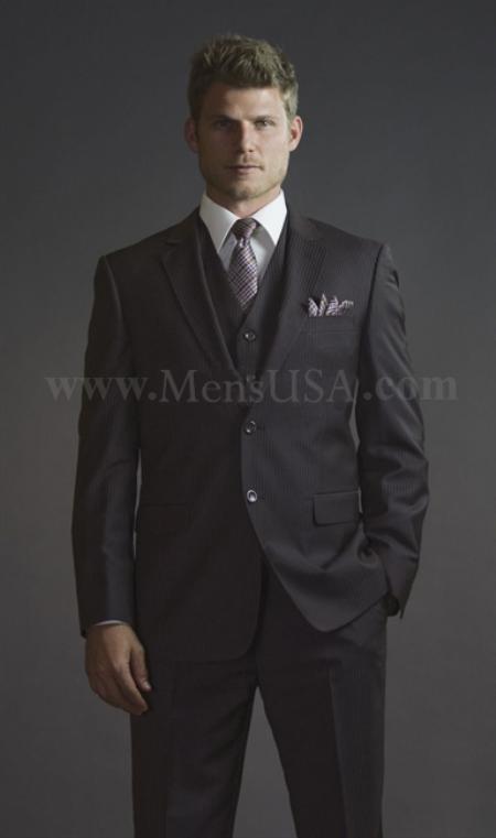 2 Button 3 Piece Brown Pinstripe Fitted affordable suit online sale