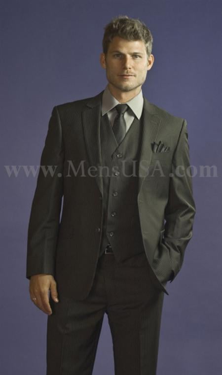2 Button 3 Piece Charcoal Pinstripe Fitted affordable suit online sale