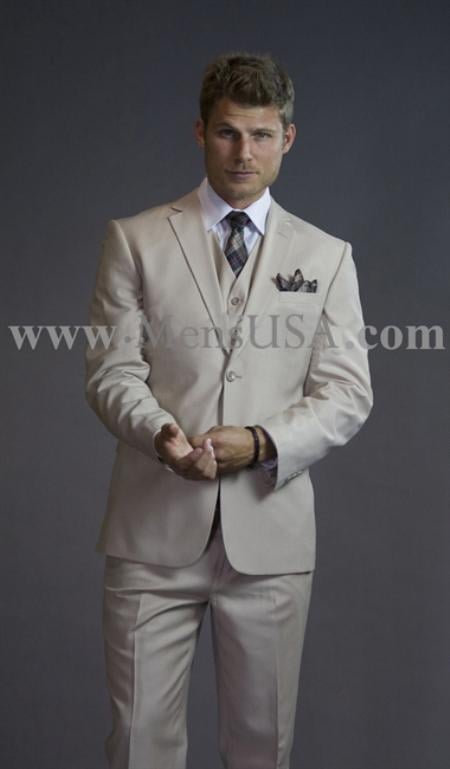 2 Button 3 Piece Beige Tone on Tone Slim Fit affordable suit online sale