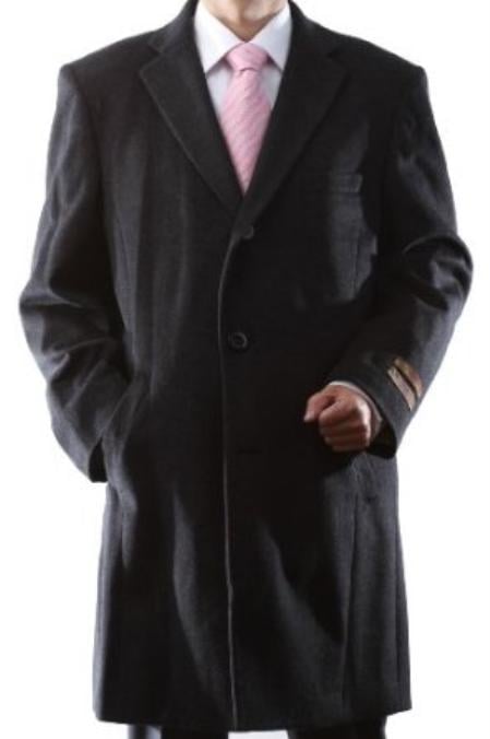 Mensusa Products Men's Single Breasted Charcoal Luxury Wool/Cashmere Threequarter Length Topcoat