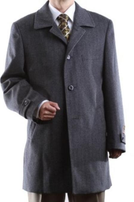 Men's Single Breasted Gray Luxury Wool Cashmere Threequarter Length Topcoat