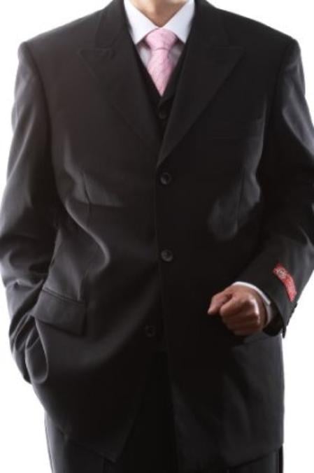 Mensusa Products Men's Superiors Extra Fine Black 3 pcs Vested Suits with Peak Lapel