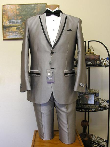 Grey Slim Cut 2 Button Trimmed LapelTuxedo jacket and Pant Combination 
