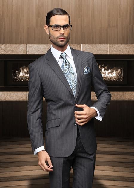 Mensusa Products Pick Stitch Collar Slanted Pocket 2 Button Charcoal Shadow Stripe Suit