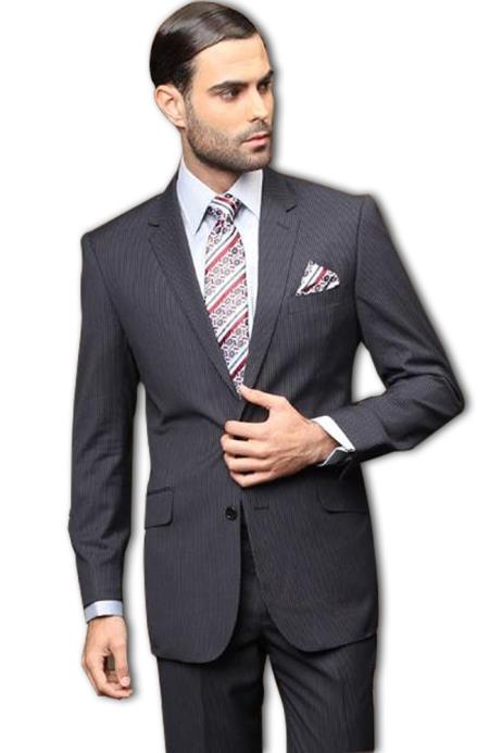 Pick Stitch Collar Slanted Pocket 2 Button Navy Stripe Slim Suit