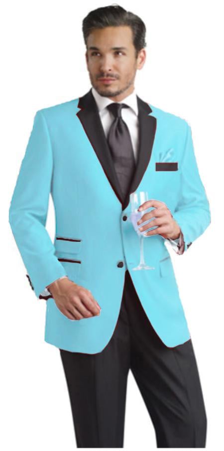 Sky Blue Two Button Notch Party Suit & Tuxedo & Blazer w/ Black Lapel