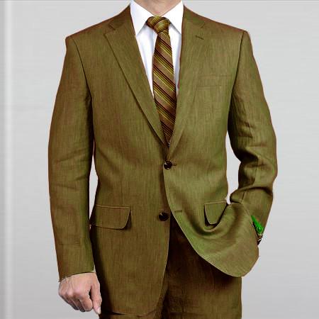 Mensusa Products Elegant, Natural & Light Weight 2Btn Notch Lapel Real Linen Suit Spring/Summer Olive