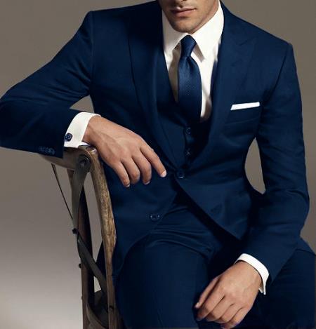 Mensusa Products Reg:795 on sale Two button Vested 3PC Wool Suit Peak Pointed English Style Lapel Navy