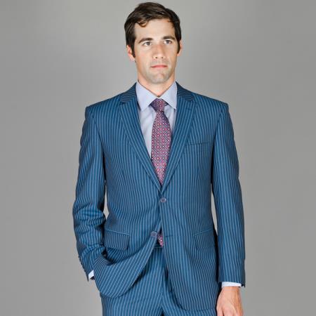 Men's Blue Stripe Wool and Silk Blend Suit 
