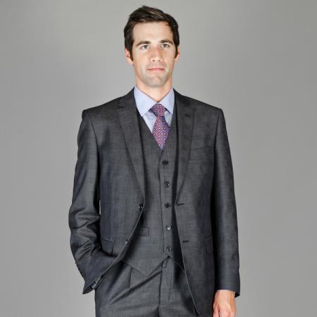 Mensusa Products Men's Charcoal Plaid Wool and Silk Blend Vested Suit