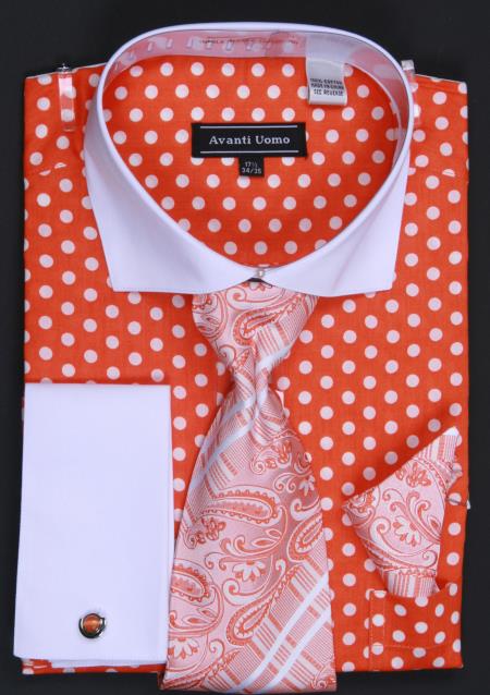 Mensusa Products 1 Cotton French Cuff Dress Shirt, Tie, Hanky and Cuff Links Polka Dot Orange/White