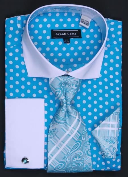 mens dress shirts, This Men's French Cuff Dress Shirt comes in polka dot and includes tie, hanky and cuff links. These unique dress shirts are a great complement to your new suit and are available in 100% cotton fabric. Polka DotFrench Cuff Dress ShirtTieHankyCuff Links100% Cotton, 1 Cotton French Cuff Dress Shirt, Tie, Hanky & Cuff Links Polka Dot Turquoise/White