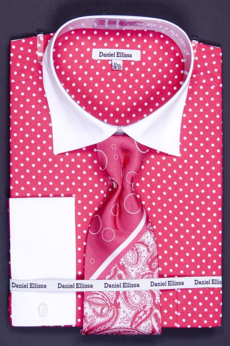 Mensusa Products 100% Cotton French Cuff Shirt, Tie, Hanky & Cuff Links Polka Dot Two Tone Fuchsia65