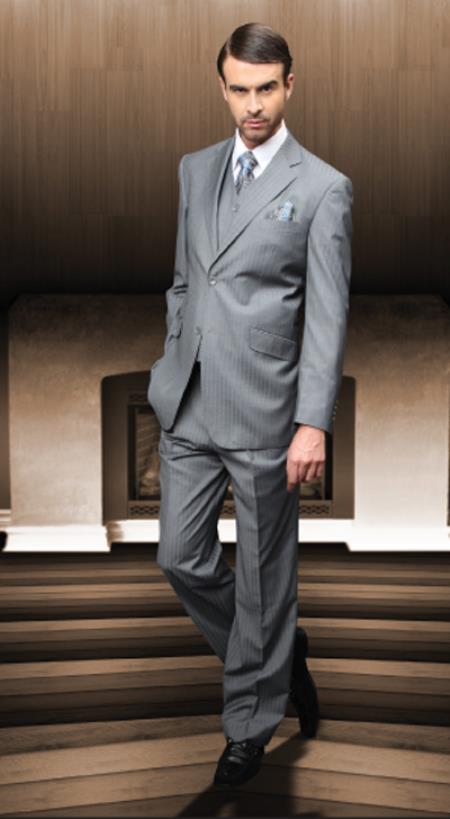 Classic 3PC 2 Button Suit Super's 1 Pleat Pants Italian Fabric Gray 