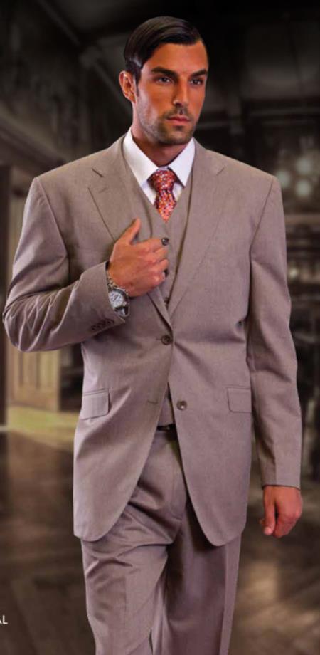 Mensusa Products Classic 3pc 2 Button Tan Suit Super's 1 Pleat Pants Italian Fabric