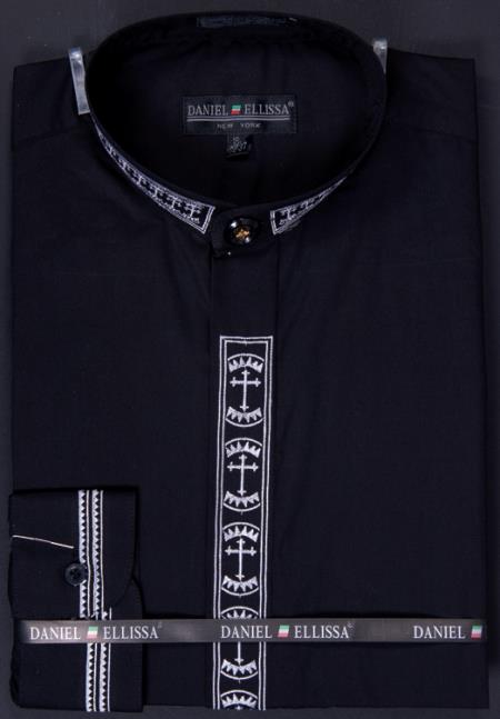 Mensusa Products Men's Banded Collar Clergy Shirt Cross Embroidery Black