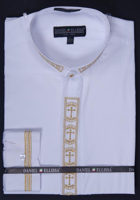 Mensusa Products Men's Banded Collar Clergy Shirt Cross Embroidery White