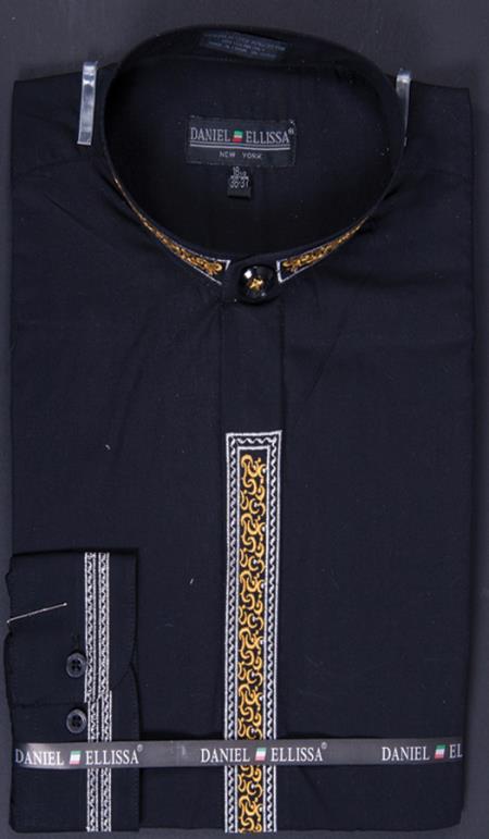 Mensusa Products Men's Banded Collar Embroidered Shirt Fancy Stitching Black