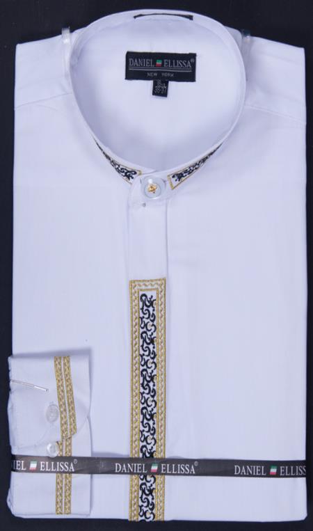 Mensusa Products Men's Banded Collar Embroidered Shirt Fancy Stitching White
