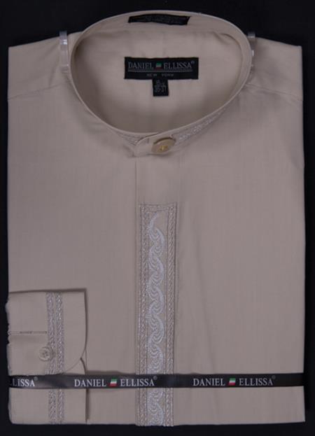 Mensusa Products Men's Banded Collar Dress Shirt Wave Print Embroidery Beige
