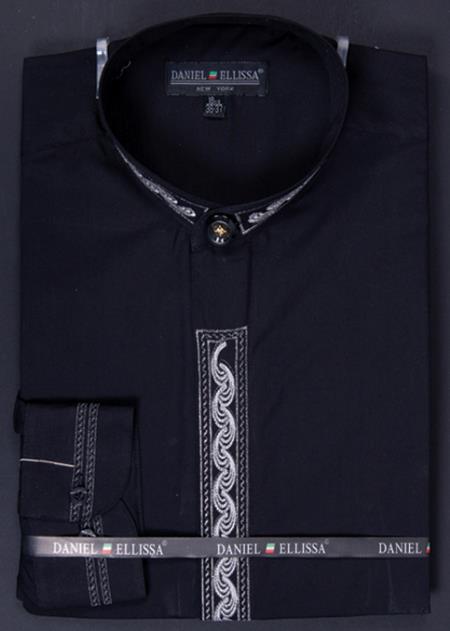 Mensusa Products Men's Banded Collar Dress Shirt Wave Print Embroidery Black/Silver