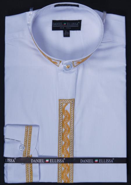 Mensusa Products Men's Banded Collar Dress Shirt Wave Print Embroidery White/Gold