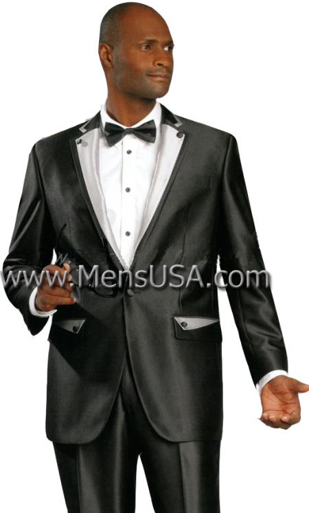 Mensusa Products 2 Button Shiny Sharkskin Satin Metallic Available in Black or Red or Champagne 2 Tone Suit