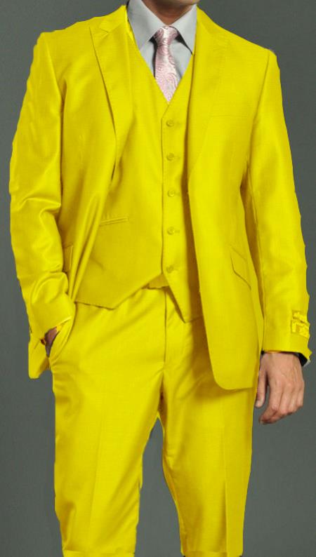Mensusa Products Men's Two Button Vested Shiny Flashy Metallic Yellow Satin Bright Glossy Face Suit