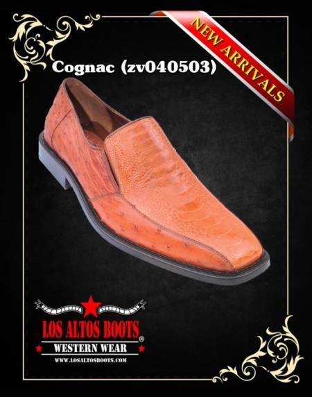 Mensusa Products Mens Ostrich Leg W/Ostrich Dress Shoes Loafers by Los Altos Cognac 209