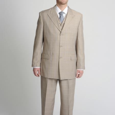 Mensusa Products Peak Pointed English Style Lapel Men's Tan Tonal Plaid Vested three piece suit