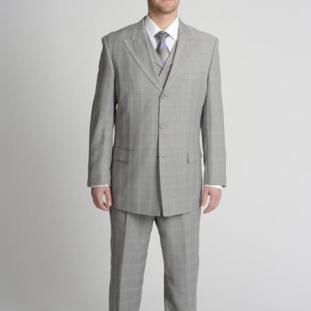 Mensusa Products Peak Pointed English Style Lapel Men's Light Grey Tonal Plaid Vested three piece suit