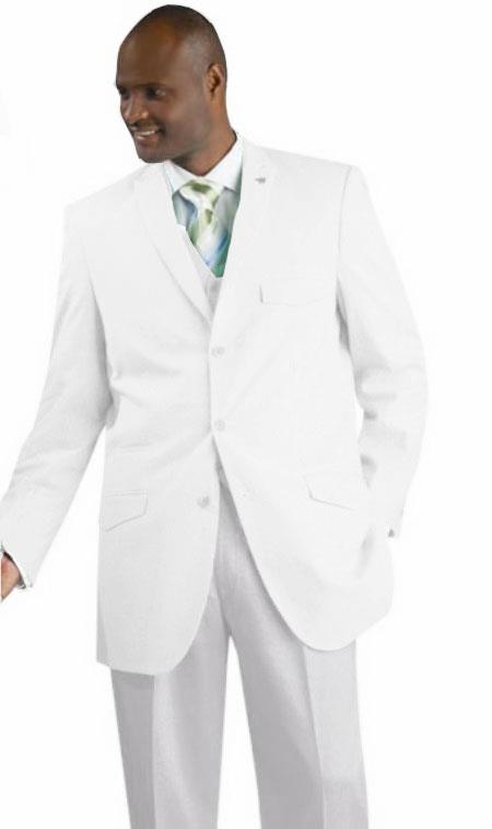 Stay Cool Seersucker Single Breasted Suit 3-Button Suit (Vented Jacket + Vest + Pants) Lightweight Suit Mens in White