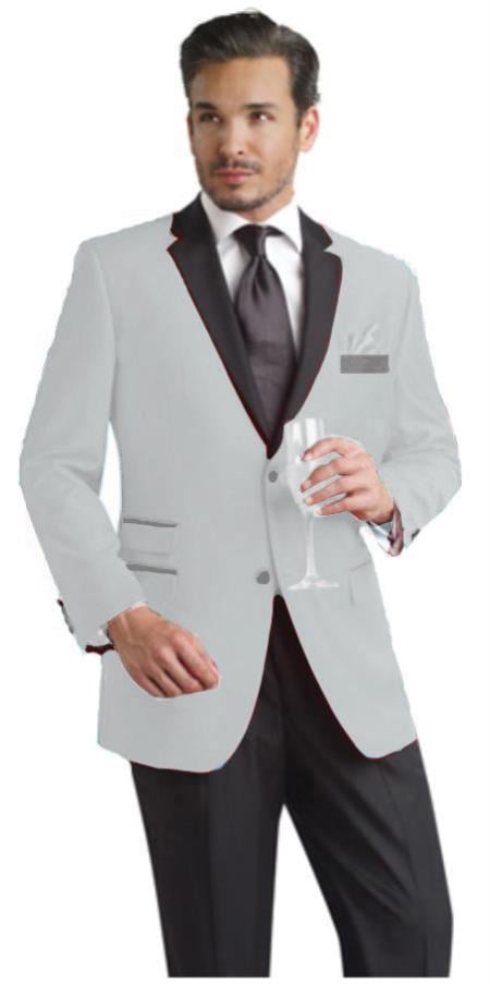 Silver Gray Two Button Notch Party Suit & Tuxedo & Blazer w/ Black Lapel