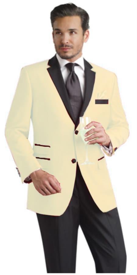 Cream Two Button Notch Party Suit & Tuxedo & Blazer w/ Black Lapel