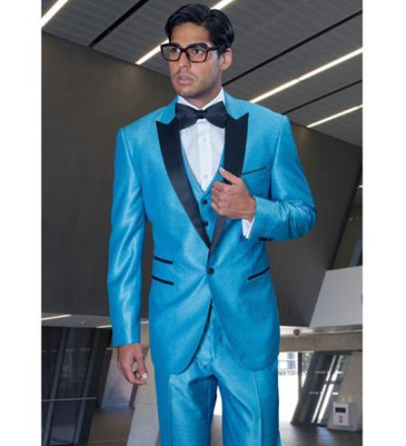 Turquoise Two Button Notch Party Suit & Tuxedo & Blazer w/ Black Lapel