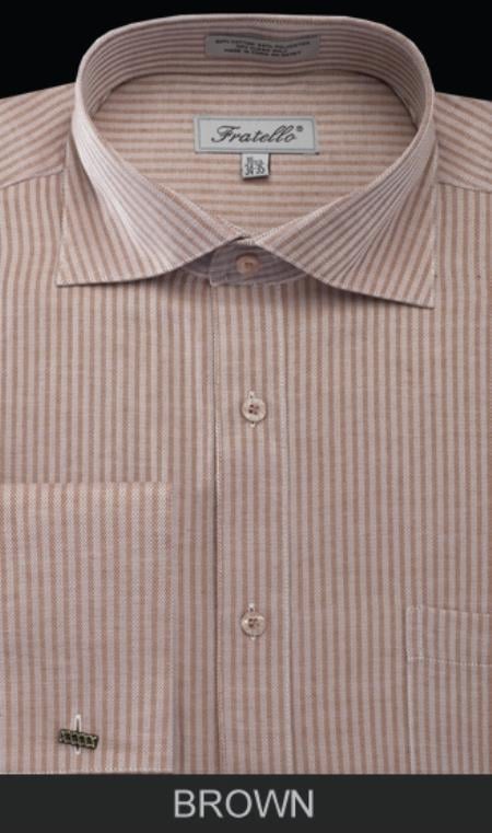 Mensusa Products Men's French Cuff Dress Shirt Classic Stripe Brown