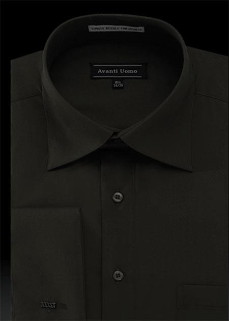 Mensusa Products Men's French Cuff Dress Shirt with Cuff Links Solid Pleated Collar Black