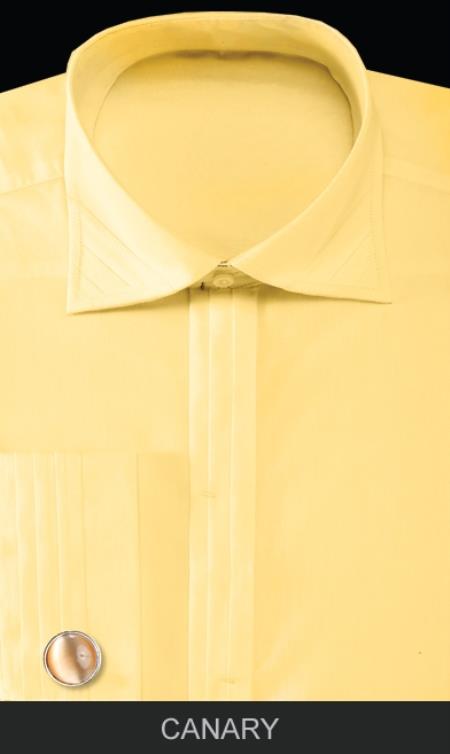 Mensusa Products Men's French Cuff Dress Shirt with Cuff Links Solid Pleated Collar Canary