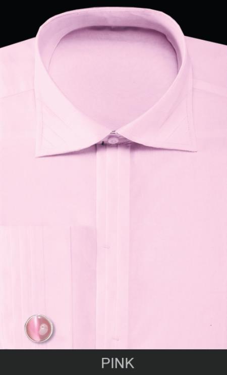 Mensusa Products Men's French Cuff Dress Shirt with Cuff Links Solid Pleated Collar Pink