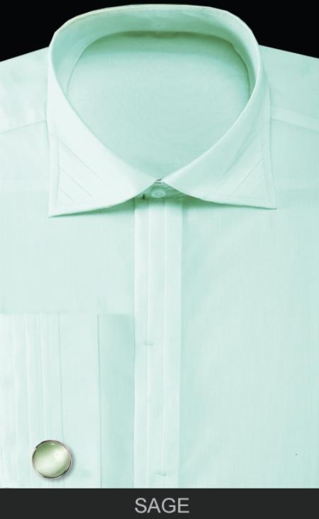 Mensusa Products Men's French Cuff Dress Shirt with Cuff Links Solid Pleated Collar Sage