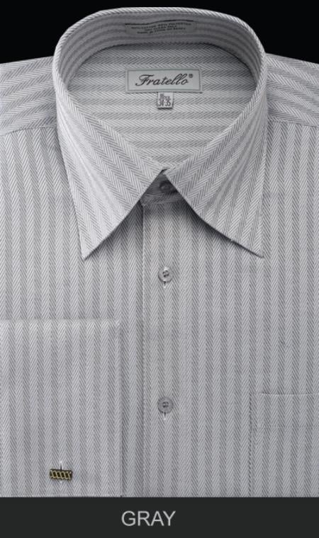 Mensusa Products Men's French Cuff Dress Shirt Herringbone Stripe Gray