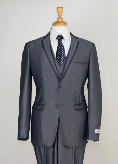 Mensusa Products Men's 3 Piece Slim Cut Suit Contrast Trim & Adjustable Waist Gray
