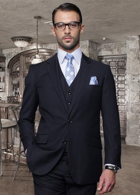 2 Button Navy Suit with a Vest Super's Italian Wool Pick Stitched Lapel Slanted Pocket 