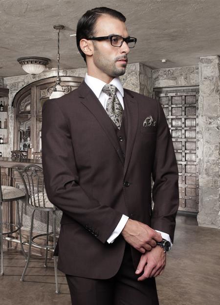 2 Button Brown Suit with a Vest Super's Italian Wool Pick Stitched Lapel Slanted Pocket