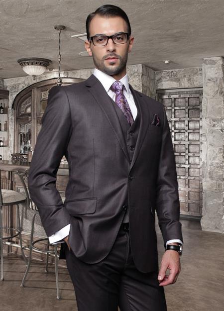 2 Button Heather Charcoal Suit with a Vest Super's Italian Wool Pick Stitched Lapel Slanted Pocket