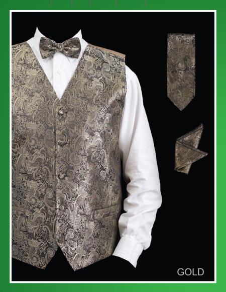 Mensusa Products Men's 4 Piece Vest Set (Bow Tie, Neck Tie, Hanky) Paisley Design Gold