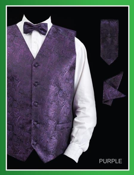 Mensusa Products Men's 4 Piece Vest Set (Bow Tie, Neck Tie, Hanky) Paisley Design Purple
