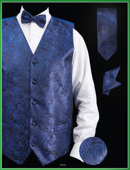 Mensusa Products Men's 4 Piece Vest Set (Bow Tie, Neck Tie, Hanky) Paisley Design Royal Blue
