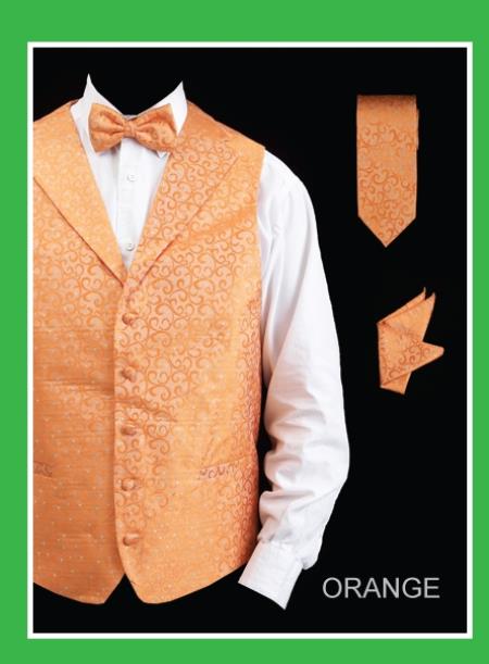 Mensusa Products Men's 4 Piece Vest Set (Bow Tie, Neck Tie, Hanky) Lapelled Vest Orange